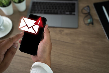 Poster - men using smartphones warning alert, email hack SMS spam, fake text message phishing