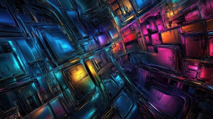 Poster - Dynamic abstract visualization of colorful geometric patterns digital art futuristic environment aerial view