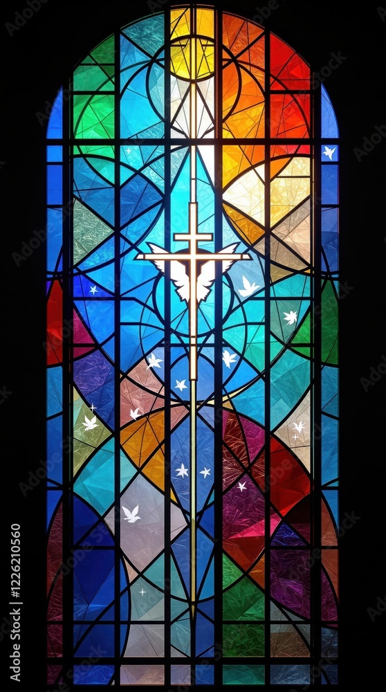 Vibrant stained glass window with christian cross and dove symbolism in ...