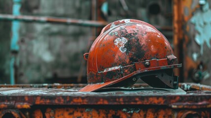 Aufkleber - Worn-out hard hat sits on a weathered surface, reflecting the wear and tear of industrial labor over time