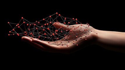 Canvas Print - Hand holding a 3D red and black network.