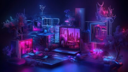 Poster - Dynamic neon cityscape visualization abstract digital art futuristic environment nighttime aesthetic
