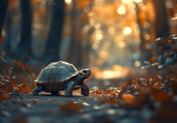 Poster - Majestic Tortoise Walking Through Autumn Forest Path with Warm Tones and Soft Bokeh Effects Highlighting Nature's Tranquility and Beauty