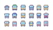 © Sinechana - 98.A collection of bus vector icons arranged in a row, each icon showcasing a different type of bus, including a city bus, a tour bus, a shuttle bus, a double-decker bus, and a coach bus. Each bus