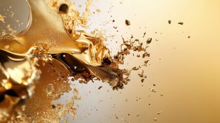 Poster - Dynamic golden liquid splash studio abstract art bright environment close-up view fluidity concept for visual impact