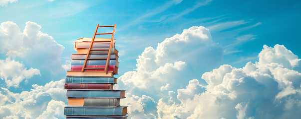 Poster - Books stacked with a ladder leading to a sky, symbolizing the idea of education