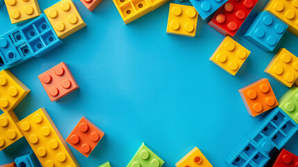 Aufkleber - Empty blue background framed by colorful toy bricks for construction play concept