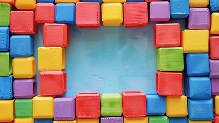 Poster - Empty square frame of colorful wooden toy cubes on a blue background with space for text