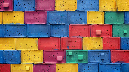 Poster - Colorful wooden blocks forming a textured and vibrant wall, ideal for backgrounds and creative projects