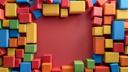 Poster - Colorful cubes creating a geometric frame on an abstract red background
