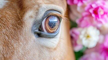 Close-up horse eye, floral background, equine beauty, nature photography, stock image