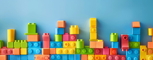 Poster - Wall made of vibrant toy bricks against a blue backdrop
