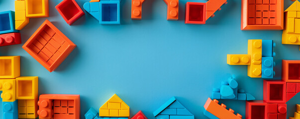 Poster - Colorful toy bricks forming a frame on a blue background with copy space