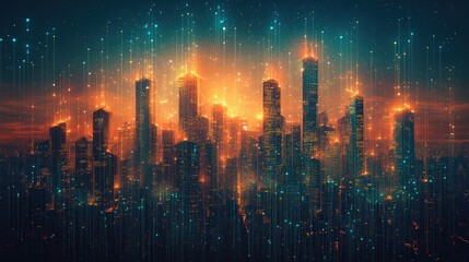 Wall Mural - Futuristic city skyline illuminated by glowing lights at sunset with digital effects