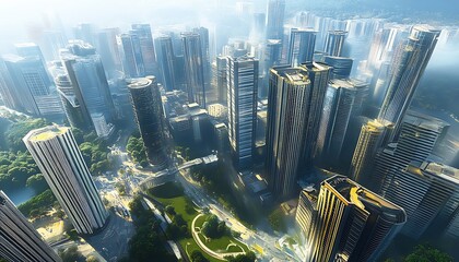 Aufkleber - Aerial View of Modern Urban Cityscape with High Rise Buildings and Greenery : Generative AI