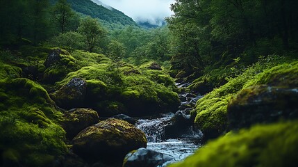 Aufkleber - Tranquil Mossy Stream in Lush Green Forest with Flowing Water and Natural Serenity : Generative AI