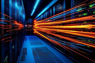 Leinwandbilder - High-Speed Data Transmission in Modern Server Room with Optical Fiber : Generative AI