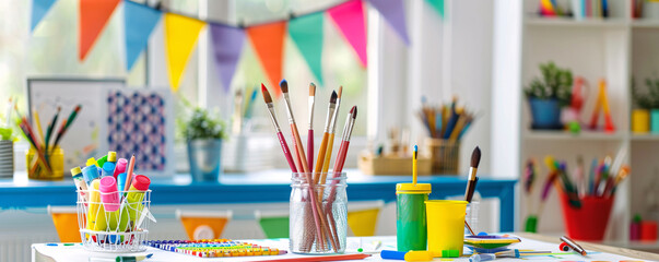 Poster - Vibrant art materials await the young artists in a kindergarten classroom