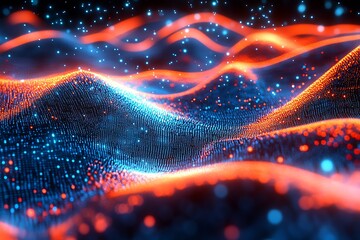 Poster - Futuristic Digital Landscape with Glowing Red and Blue Neon Dots : Generative AI
