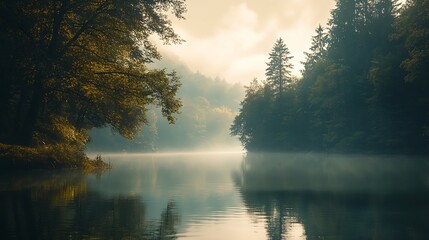 Poster - Tranquil Misty Lake in Forest with Reflection and Soft Morning Light : Generative AI