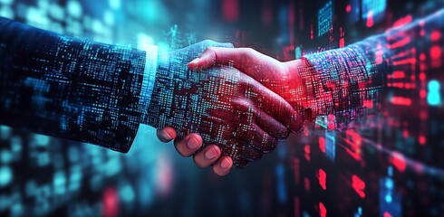 Aufkleber - Digital handshake between business partners illustrating successful technology collaboration : Generative AI