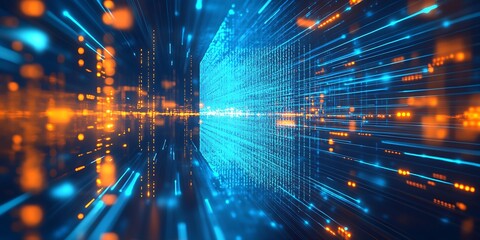 Poster - Futuristic Blue and Orange Digital Data Stream Abstract Technology Background Design : Generative AI