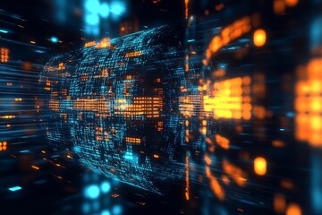 Poster - Digital Data Stream with Vibrant Matrix of Striking Blue and Orange Lights : Generative AI