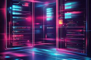 Aufkleber - Futuristic Neon Data Center Servers with Holographic Interface and Digital Lights : Generative AI