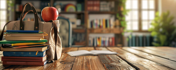 Poster - In a bright classroom, a vintage school bag brimming with books and an apple rests on a desk