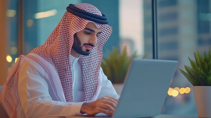 Poster - Middle Eastern businessman in traditional attire working on laptop in modern office setting : Generative AI