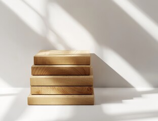 Aufkleber - Stacked wooden blocks on white background with sunlight.