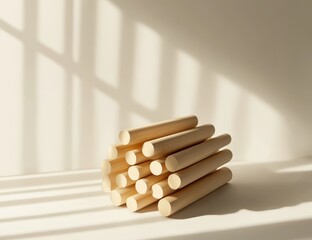 Poster - Beige cylinders stacked in a sunlit room.