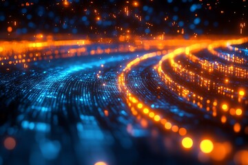 Leinwandbilder - Dynamic Blue and Orange Neon Light Patterns on Dark Background - Modern Abstract Tech Design : Generative AI
