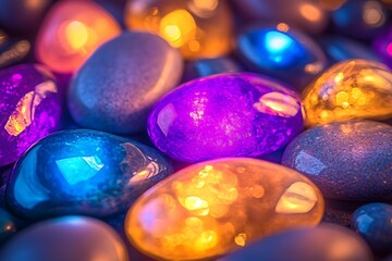 Aufkleber - Vibrant polished gemstones glowing in rich hues of blue orange and pink creating a magical mystical atmosphere : Generative AI