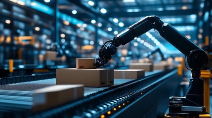 Leinwandbilder - Robotic Arm Sorting Boxes in Modern Automated Warehouse with Advanced Technology : Generative AI