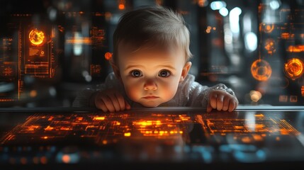 Baby exploring futuristic interface.