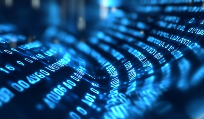 Poster - Abstract Digital Binary Code Blue Matrix in Futuristic 3D Curved Wave Pattern : Generative AI