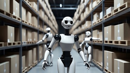Aufkleber - Futuristic Robots in Automated Warehouse Managing Logistics and Supply Chains : Generative AI