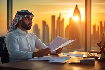 Poster - Businessman Analyzing Documents at Sunset in Modern Office with Cityscape View : Generative AI