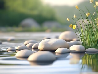 Poster - Serene River Landscape with Smooth Stones and Delicate Yellow Flowers : Generative AI