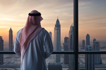Aufkleber - Traditional Arabic Attire and Stunning Urban Skyline at Sunset : Generative AI