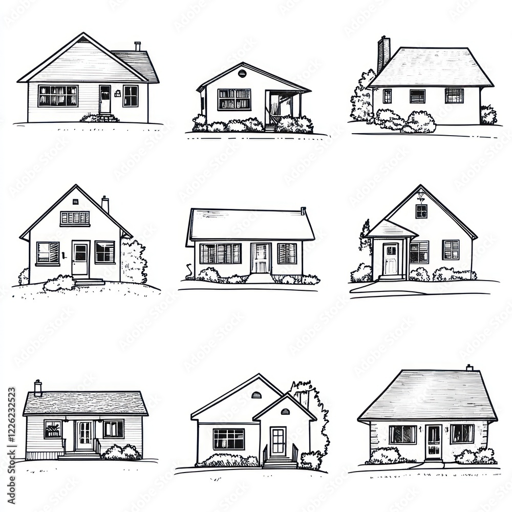 Nine Simple Line Drawings of Houses Stock Illustration | Adobe Stock