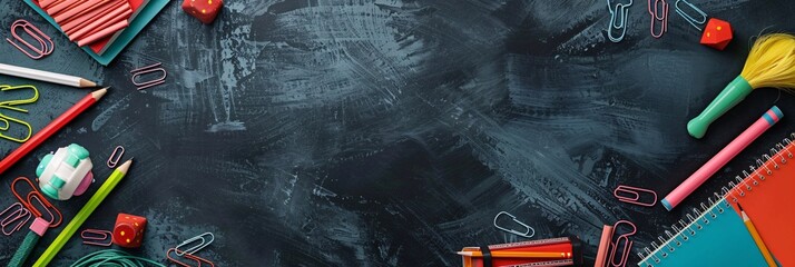 Poster - Colorful school supplies are forming a border around a black chalkboard background with copy space