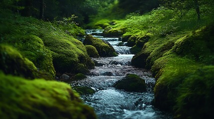 Poster - Serene Flowing Stream Amidst Lush Moss Covered Rocks in a Natural Forest Setting : Generative AI