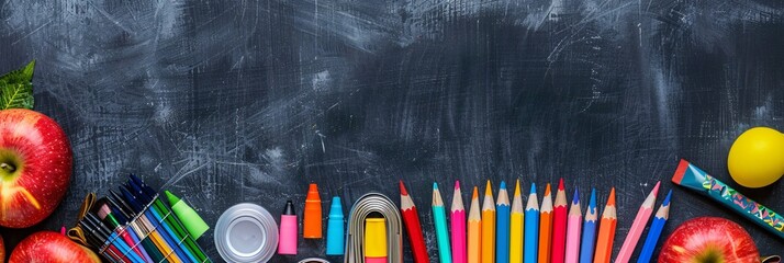 Poster - Back to school concept with colorful school supplies on a blackboard