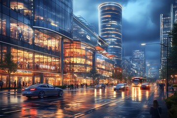 Poster - Dynamic Urban Evening with Cars and Bus on Rainy Street Illuminated by City Lights : Generative AI