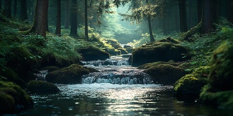Poster - Tranquil Forest Waterfall with Moss-Covered Rocks and Sunlight Through Trees : Generative AI