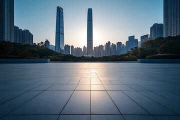 Aufkleber - Modern Cityscape at Dawn with Twin Skyscrapers Framing Sunlight Across Urban Plazas : Generative AI