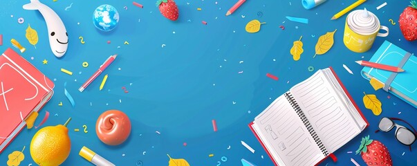 Poster - Back to school concept with open notebook and stationery on blue background
