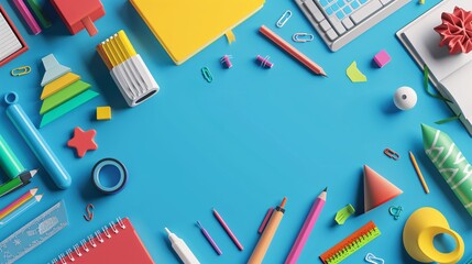 Poster - Colorful school supplies frame on blue background - perfect for back to school concept text